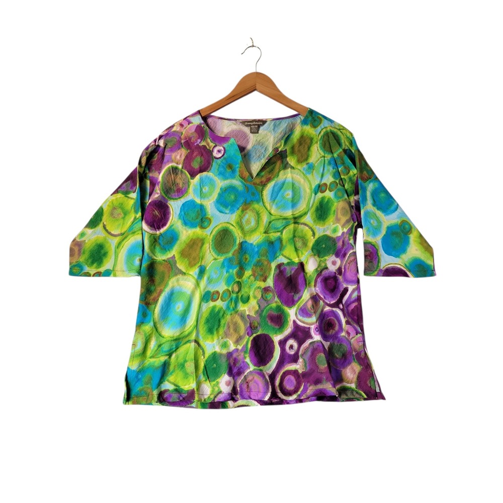 Tommy Bahama Womens XS Abstract Print Rayon Top Green Blue Purple Resort Blouse‎
